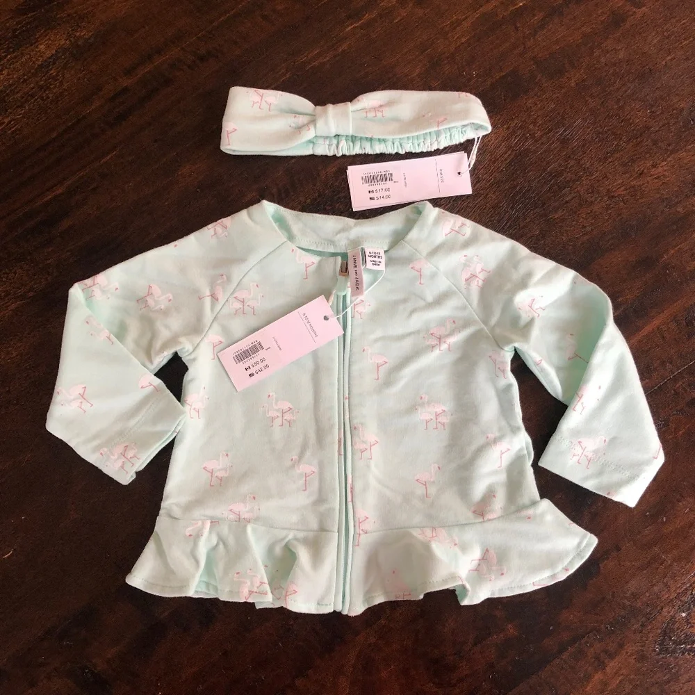Flamingo Print Zip Up Top and Headband NWT Size 6-12 Mo - Picture 1 of 4